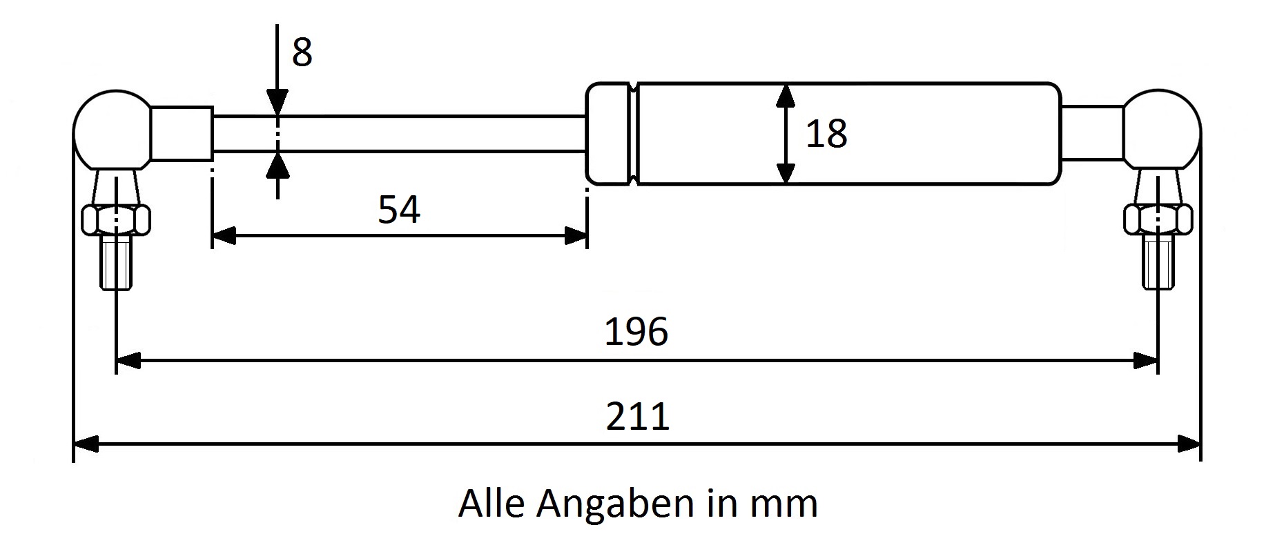 Gasdruckfeder mit Kugelgelenk 90° M6 - Länge u. Ausschubkraft nach Wahl