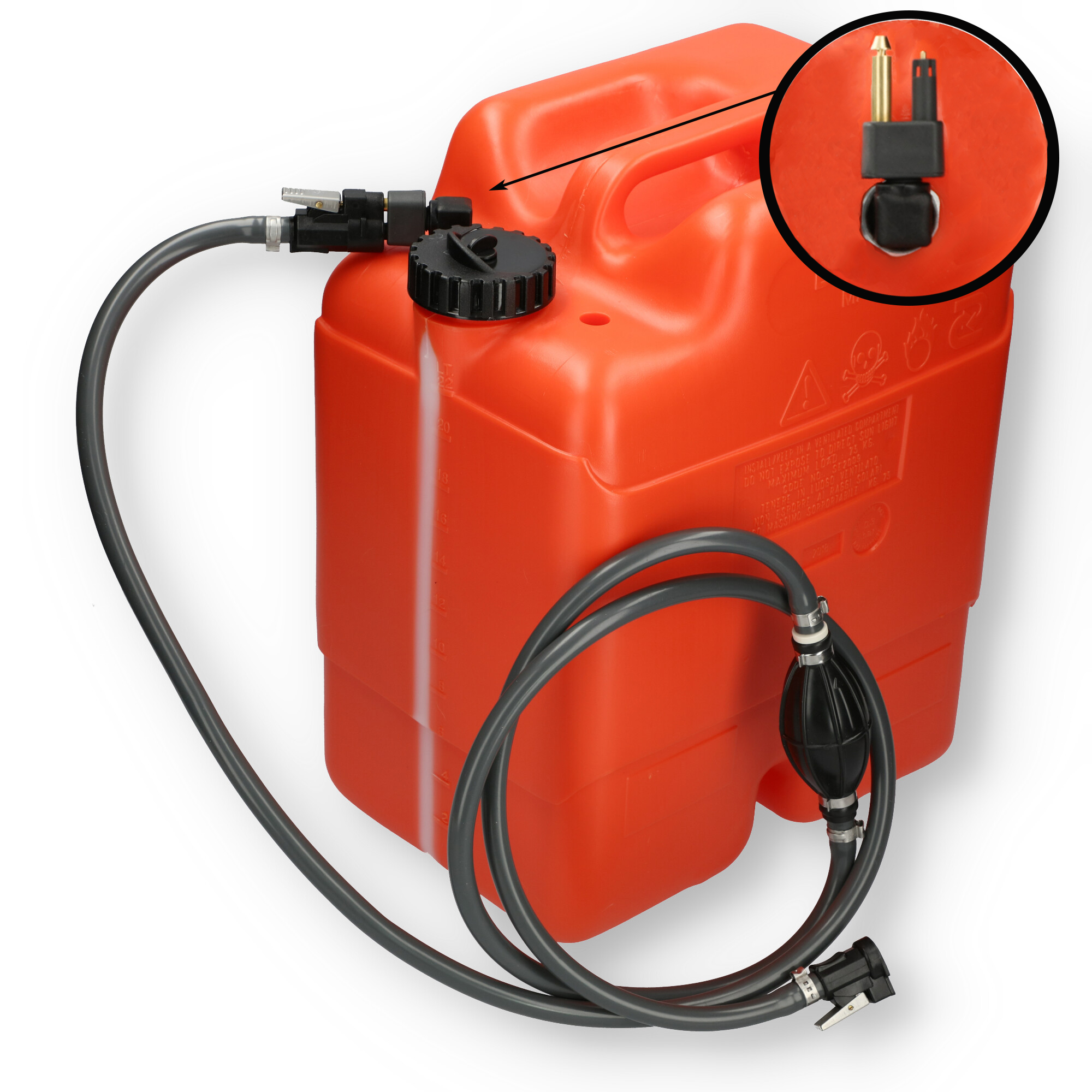 Kraftstofftank orange mit Mercury & Mariner Anschluss / 2m Schlauch